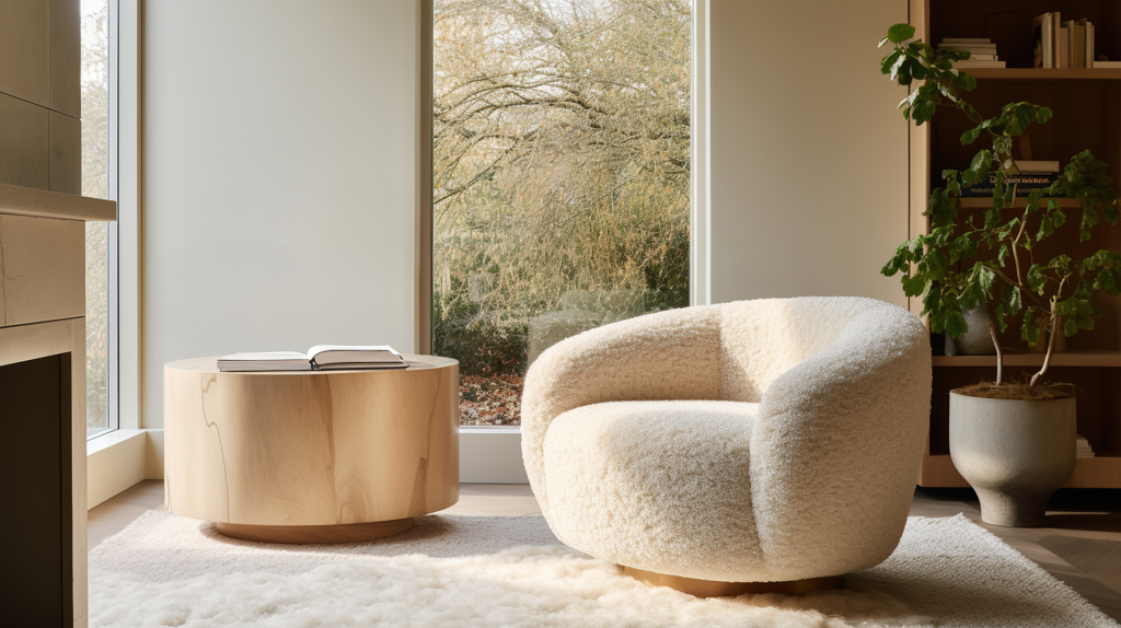 A fuzzy, white chair next to a round wood table in a living room